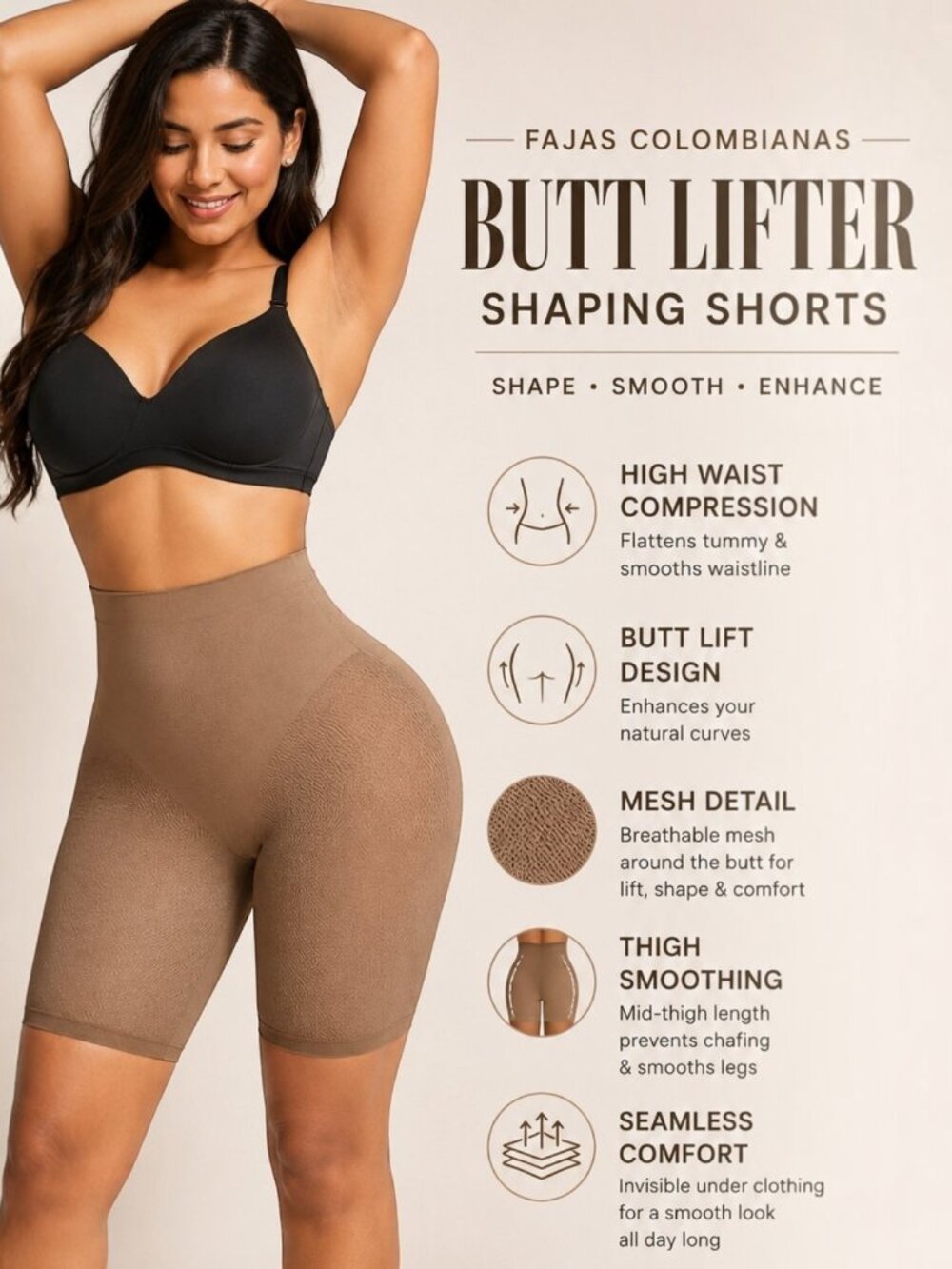 Fajas Colombianas Mocha Butt Lifter Shapewear Seamless Shaping Shorts XL/2XL